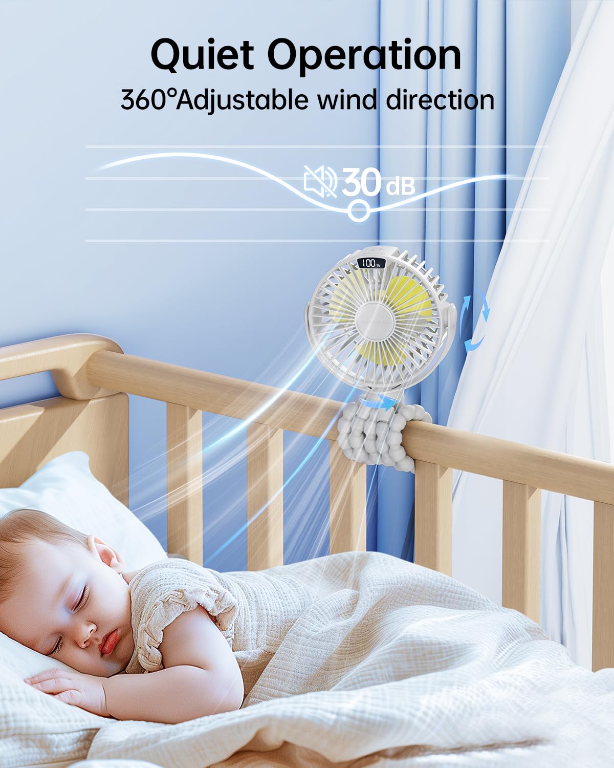 Portable Clip-On Fan — 4-Speed with LED Display & 360° Tripod
