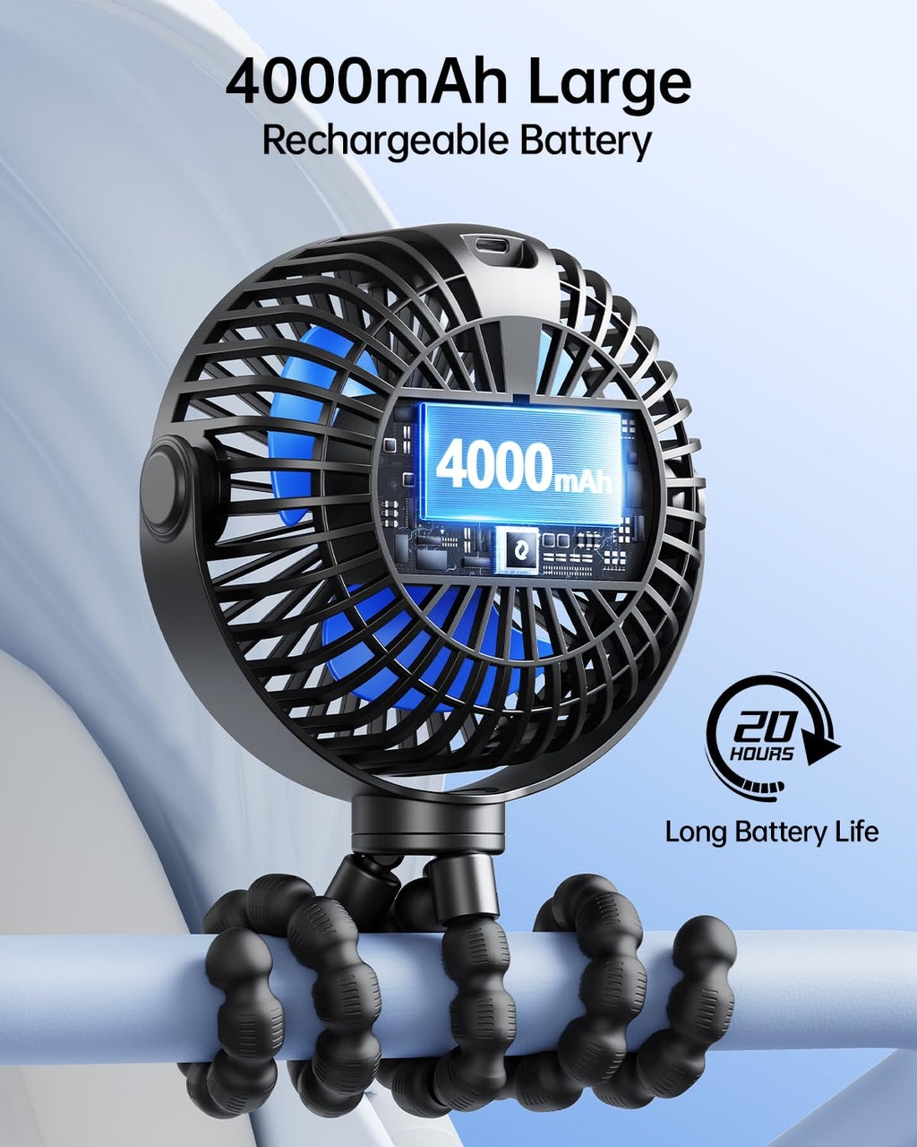 Portable Clip-On Fan — 4-Speed with LED Display & 360° Tripod