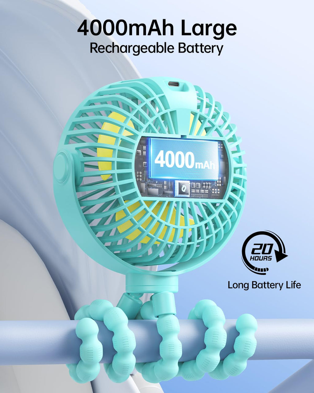 Portable Clip-On Fan — 4-Speed with LED Display & 360° Tripod