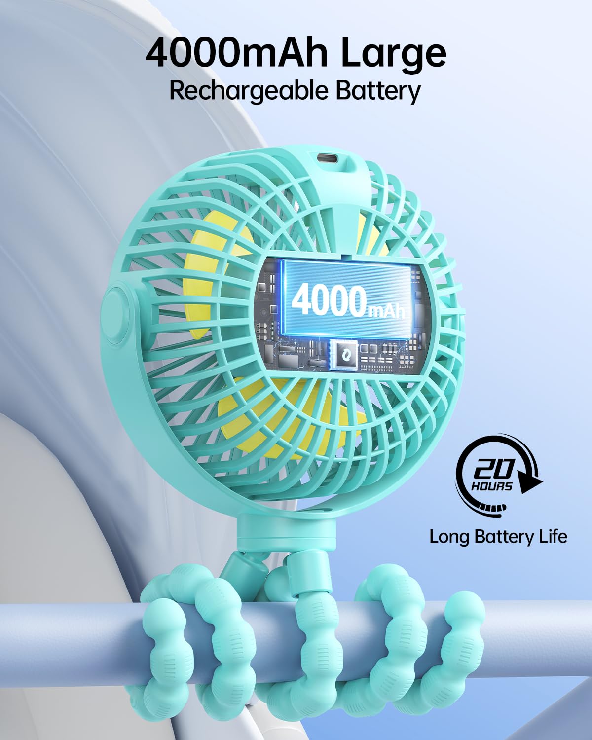 Portable Clip-On Fan — 4-Speed with LED Display & 360° Tripod
