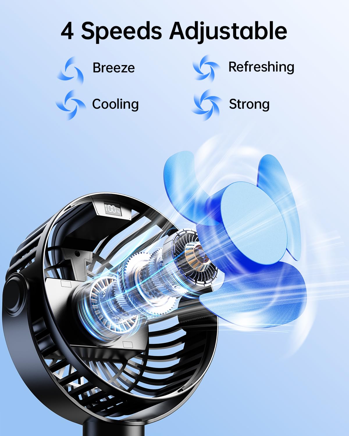 Portable Clip-On Fan — 4-Speed with LED Display & 360° Tripod