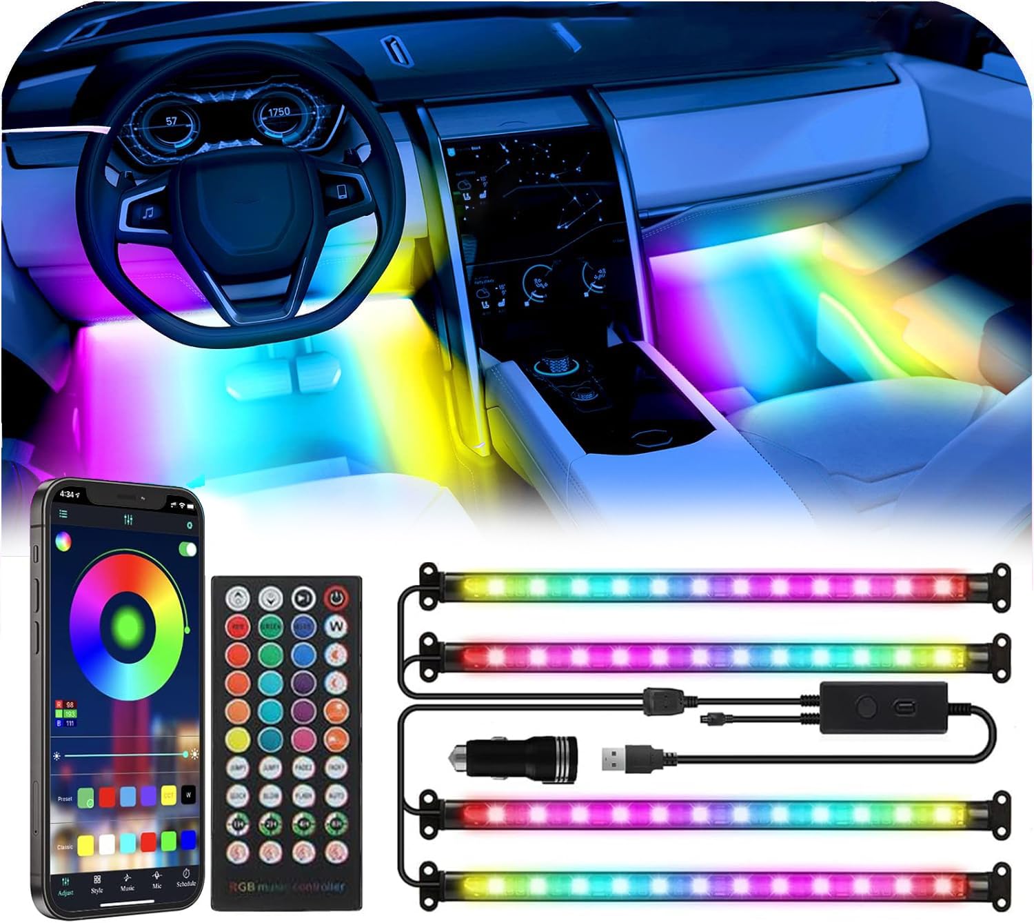 Premium Car Interior LED Strips — RGB App + Music Sync (Multi-Variant)