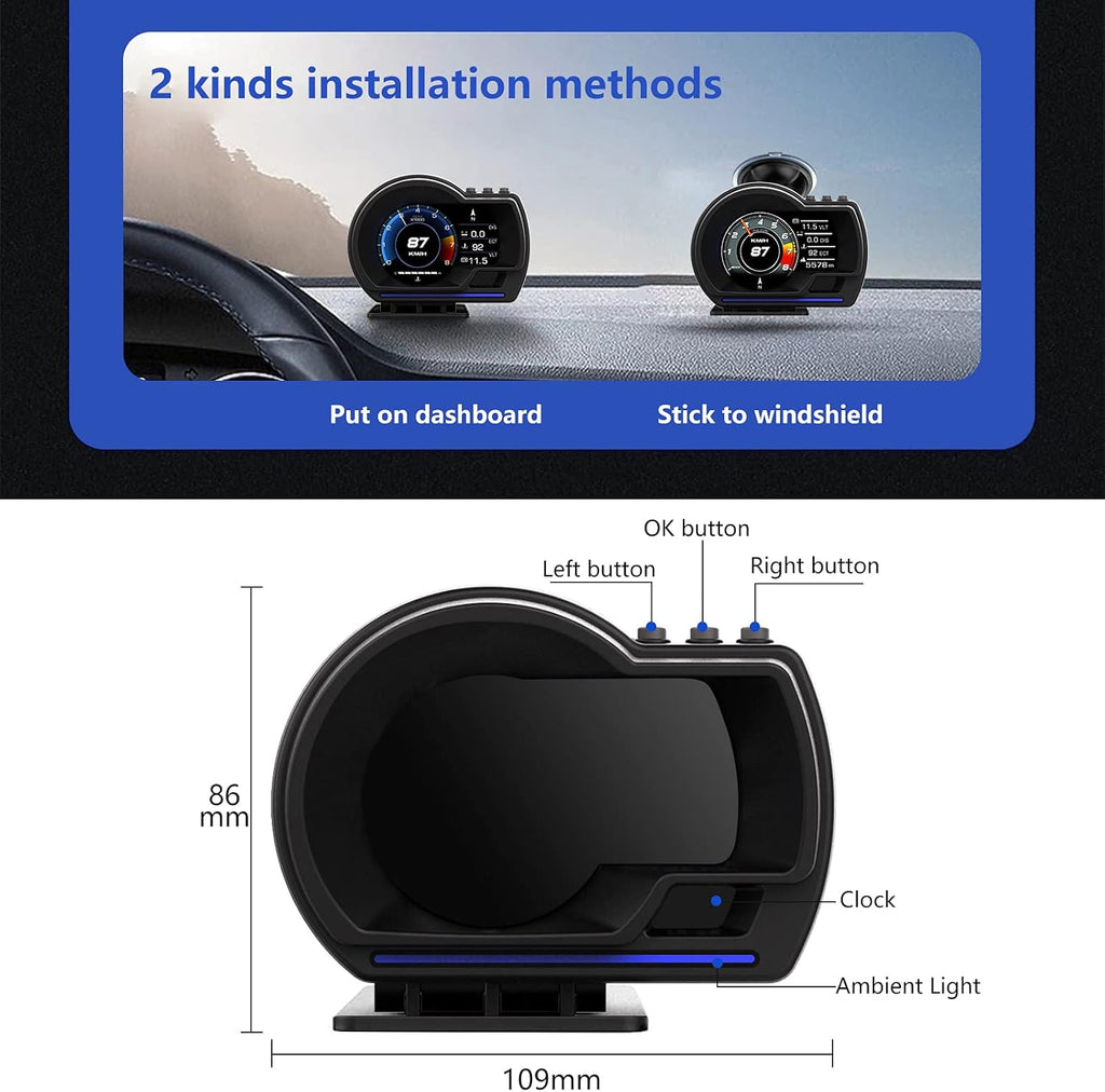 Car HUD Heads-Up Display — OBD2 Plug-In with Anti-Glare Hood
