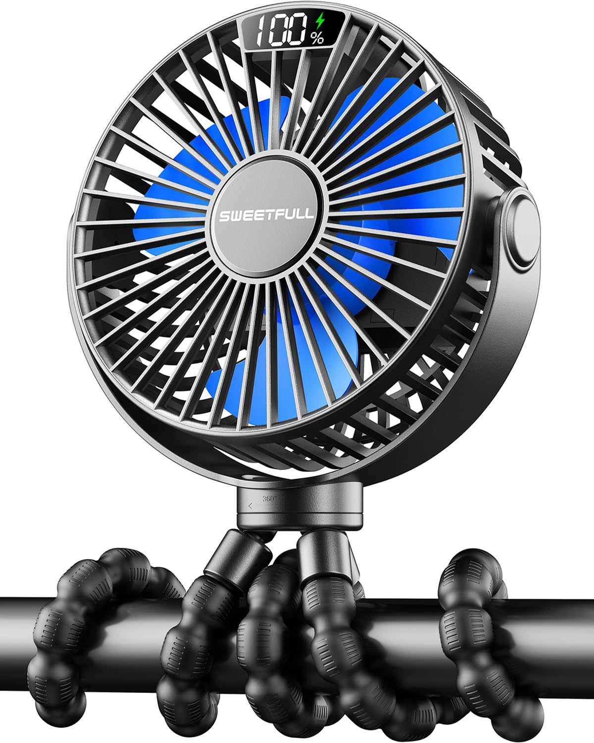 Portable Clip-On Fan — 4-Speed with LED Display & 360° Tripod