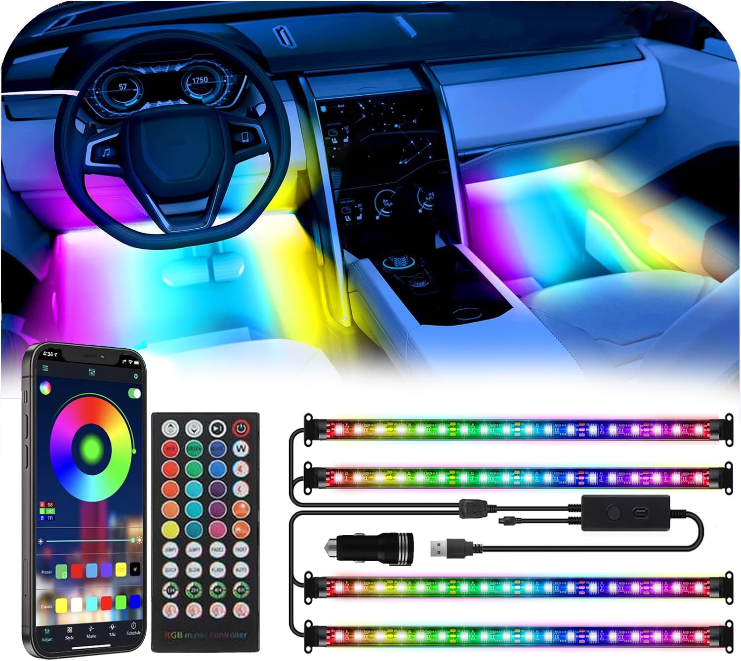 Premium Car Interior LED Strips — RGB App + Music Sync (Multi-Variant)
