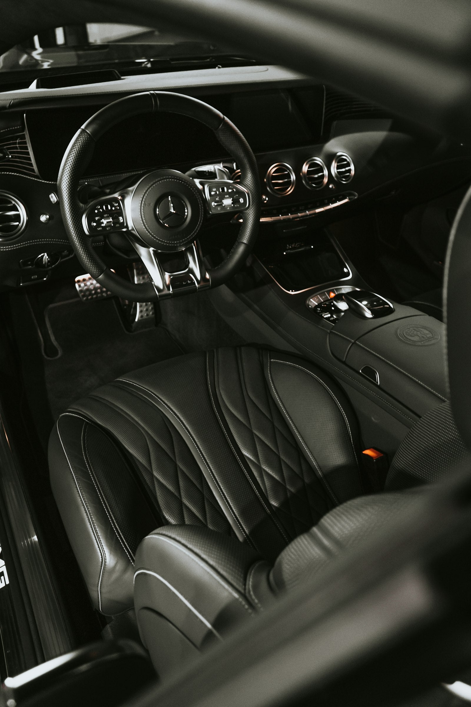 Black and gray car interior with center console