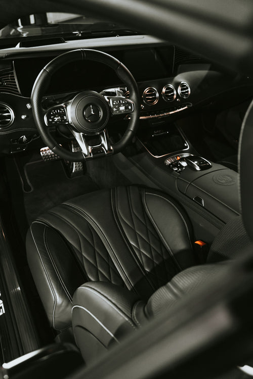 Black and gray car interior with center console